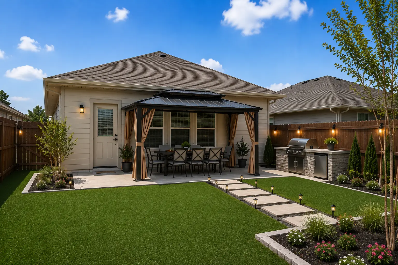 Premium backyard transformation with aluminum gazebo, outdoor kitchen, artificial turf and landscape design in San Antonio, Austin & Fredericksburg, Texas.