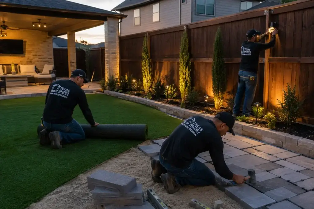 Complete backyard remodel with artificial turf, pavers and outdoor lighting in San Antonio, Austin and Fredericksburg, Texas