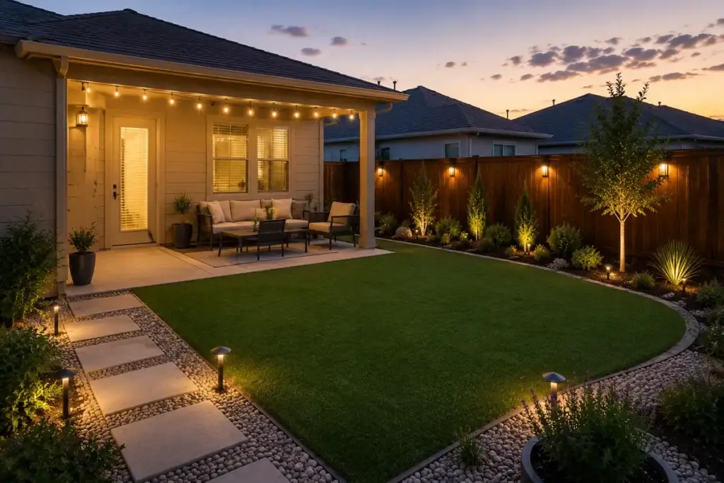 Custom backyard landscaping with artificial turf and outdoor lighting in San Antonio, Austin, and Fredericksburg, Texas